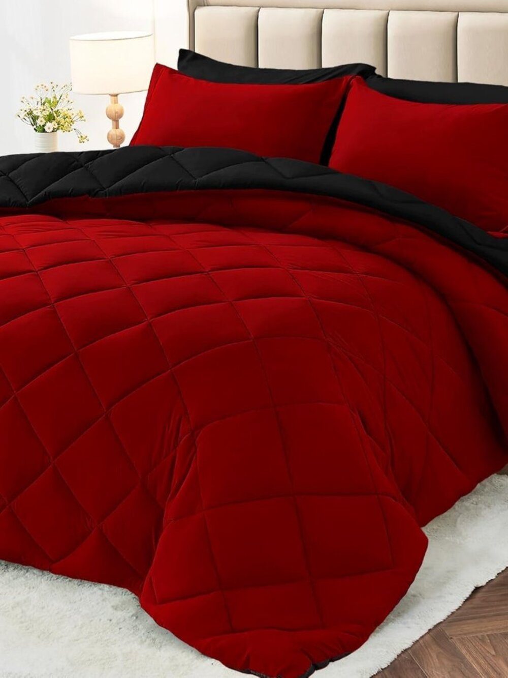NEW Queen Red & Black 7-Piece Reversible Comforter & Sheet Set 88x88 Bedding